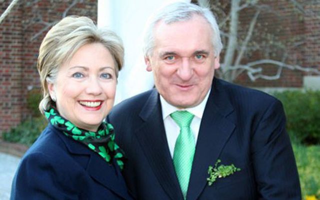 Hillary Clinton wearing a fetching shamrock scarf with former Irish leader Bertie Ahern