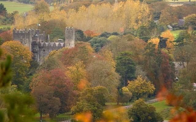 An Irish castle amidst woodland in autumn.