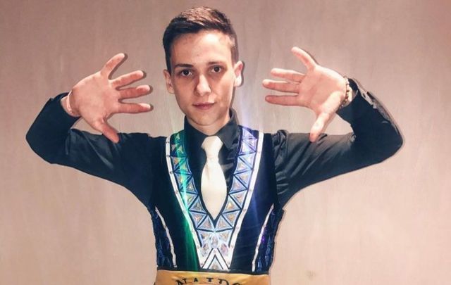 Star Irish dancer Owen Luebbers celebrating becoming National Champion for the tenth year in a row. 