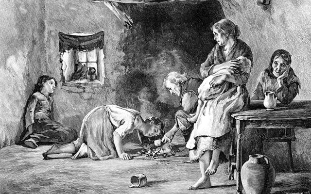 Illustration of an Irish family struggling during the Great Hunger.