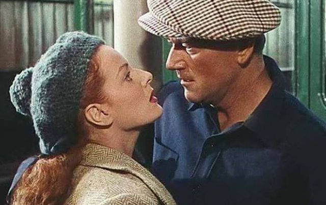 John  Wayne and Maureen O\'Hara kiss outside Ballyglunin Railway Station, in the John Ford classic \"The Quiet Man\".