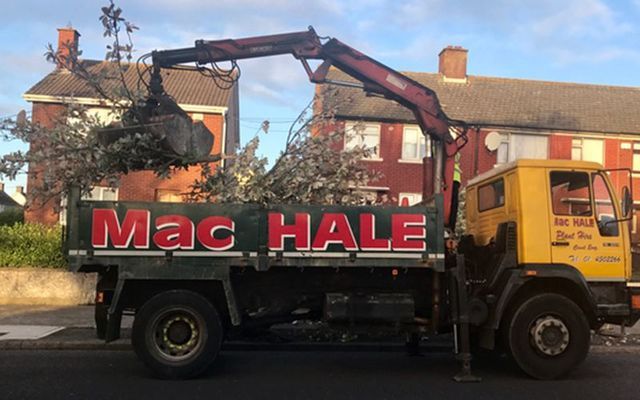 Storm Ophelia Aftermaths. A truck takes away trees that were uprooted as they fall down in Finglas Dublin. 