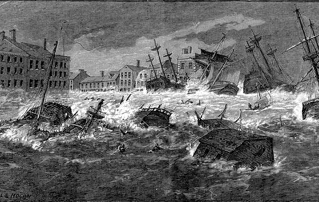 An illustration of houses and ships in Dublin being tossed around by the Big Wind of 1839.