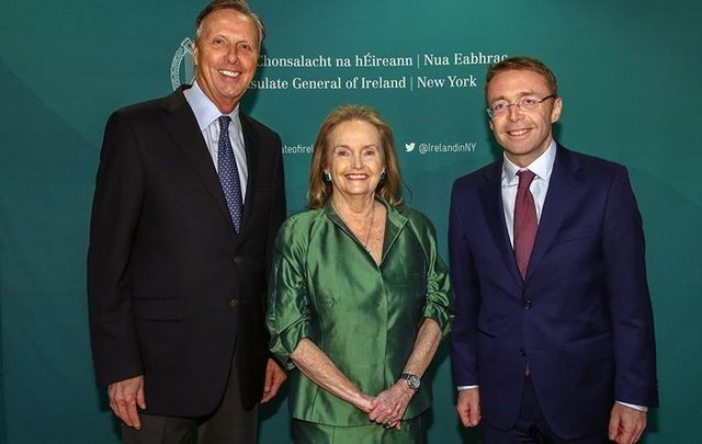 New York City St. Patrick’s Day parade board chairman Dr. John Lahey, 2018 parade grand marshal Loretta Brennan Glucksman and Irish Consul General Ciaran Cannon at the Irish Consulate last week.