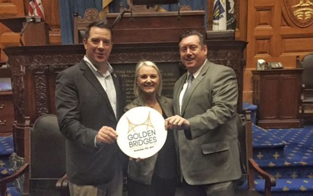 Rep Dan Ryan, Connla McCann, Director Golden Bridges and Sean Moynihan, Honorary Chair of Golden Bridges launch this year’s program at the Massachusetts Statehouse