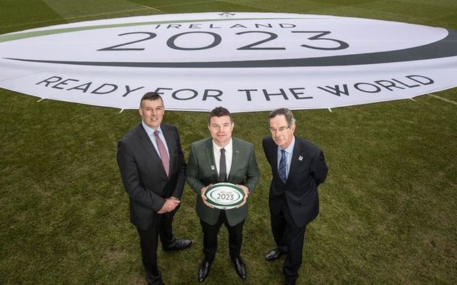 Philip Browne, Brian O\'Driscoll and Dick Spring at the Rugby World Cup 2023 bid unveiling.