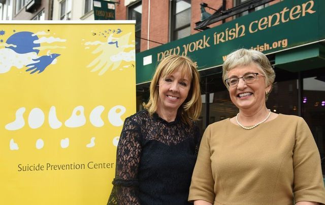 Founder and Irish Senator Joan Freeman standing outside the base of Solace House at the Irish Center in Queens alongside Katherine Zappone, the Irish Minister for  Children and Youth Affairs. 