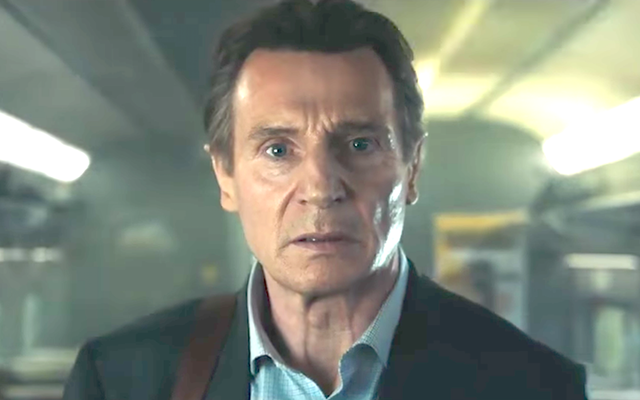 Still of Liam Neeson from \"The Commuter\" trailer.