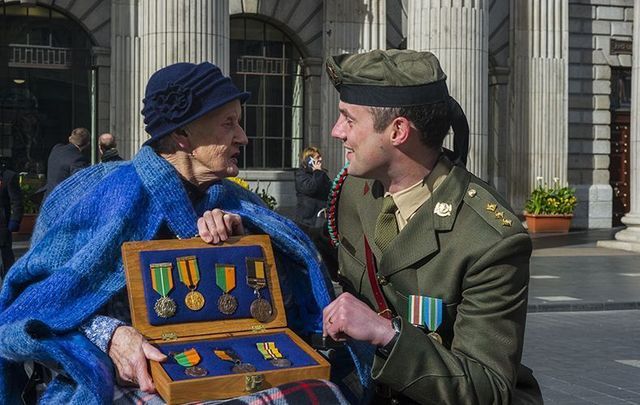 Sheila O’Leary and Captain John Forde outside the GPO on Easter Sunday celebrating the 1916 Easter Rising centenary.