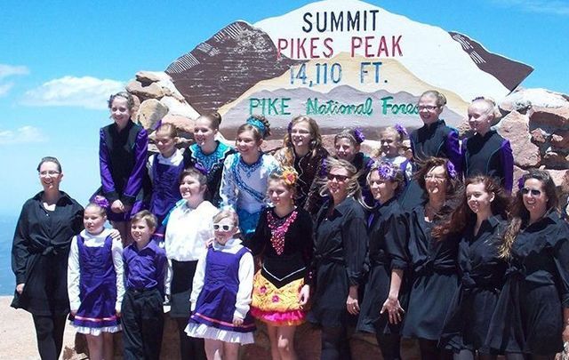 Mountain Eire Irish Dance School members on the summit of Pikes Peak, Colorado.