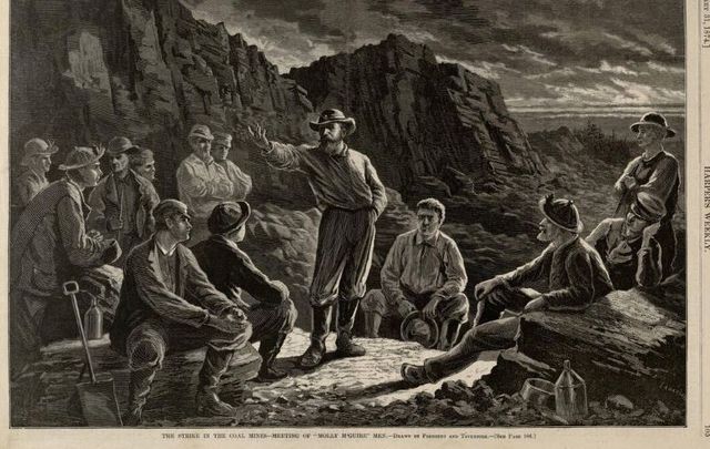 Illustration entitled, \"The Strike in the Coal Mines - Meeting of Molly Maguires\" From Harper\'s Weekly, January 31, 1874.