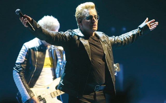 U2\'s front man Bono, performing in Croke Park, Dublin. 