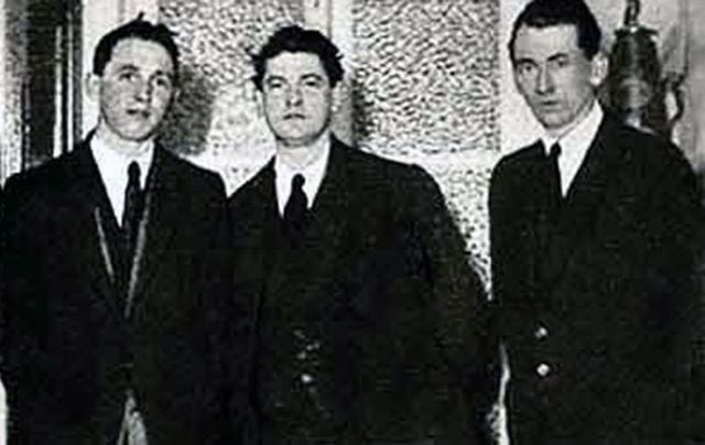 Crow Street Brain Trust: Michael Collins, Tom Cullen and Liam Tobin, Gresham Hotel, January 1922.