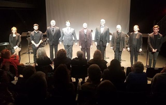On stage at The Wars of Dagger John: Connie Wookey , Chris Russell, Aidan Redmond, Colin Ryan, Colin Lane, Richard Waddingham, Greg Mullavey, Orlagh Cassidy, Connor Delves.