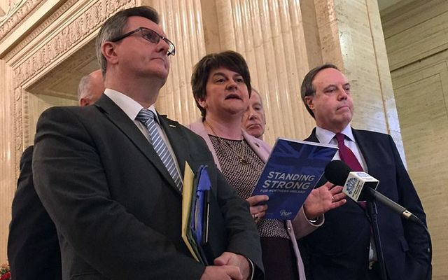 DUP leader Arlene Foster, center, at Stormont. 