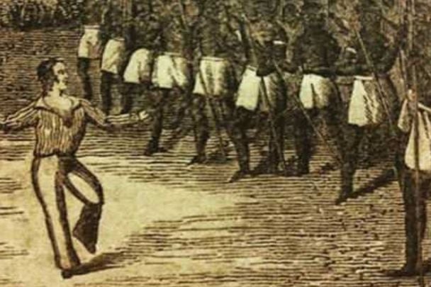 Dubliner James F. O\'Connell dancing to appease the natives of Pohnpei to save his own skin