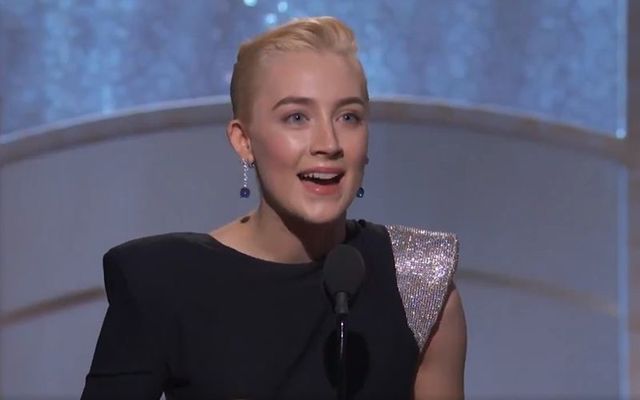Saoirse Ronan accepts her Best Actress award at the 2018 Golden Globes Awards.