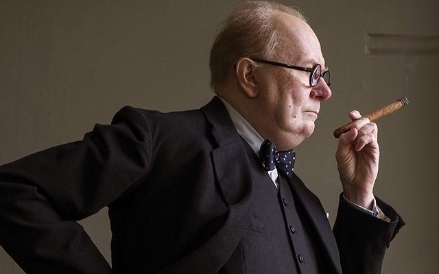 Gary Oldman playing Sir Winston Churchill in the award-winning movie \"The Darkest Hour\".