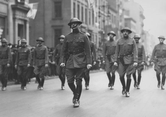 Colonel Bill Donovan marches in the New York St. Patrick\'s Day Parade, at the head of the 69th Brigade, in 1918.