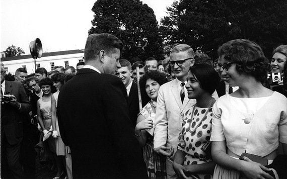 President Kennedy greets Peace Corps Volunteers. Photograph by Rowland Scherman, Peace Corps, in the John F. Kennedy Presidential Library and Museum, Boston