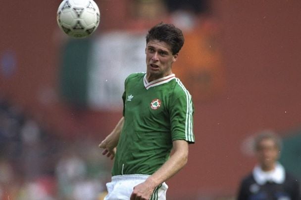 June 25, 1990: Niall Quinn of the Republic of Ireland in action during the World Cup match against Romania in Genoa, Italy. The match ended in a 0-0 draw but Ireland won 5-4 on penalties.