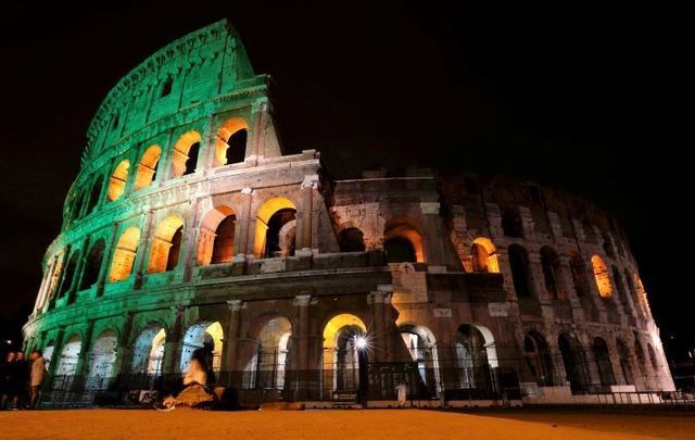 The Colosseum in Italy lit up green on St. Patrick\'s Day