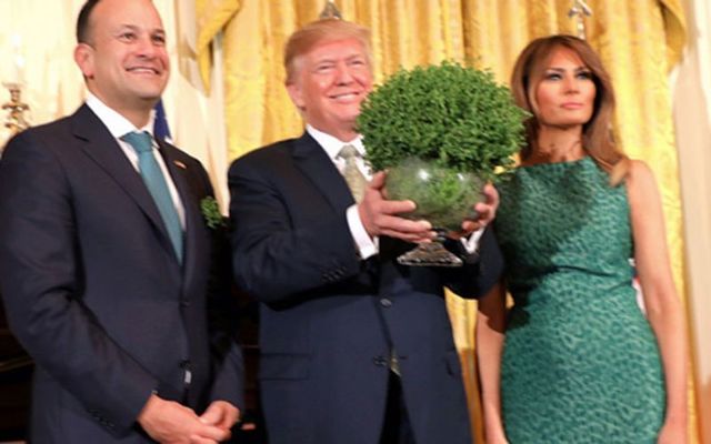 Irish leader Leo Varadkar presents a bowl of shamrock to President Donald Trump and Melania.