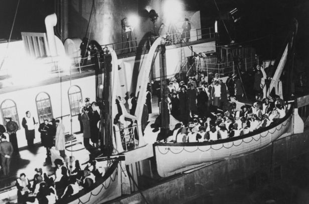A recreation of passengers boarding overcrowded lifeboats on the Titanic, from the Roy Ward Baker 1958 film, \"A Night to Remember\".