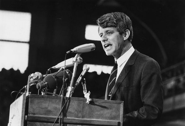 1968: Senator Robert Kennedy speaking at an election rally. 