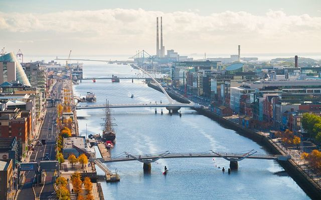 An aerial shot of Dublin\'s North Wall and Grand Canal dock (aka Silicon Docks) area.\n