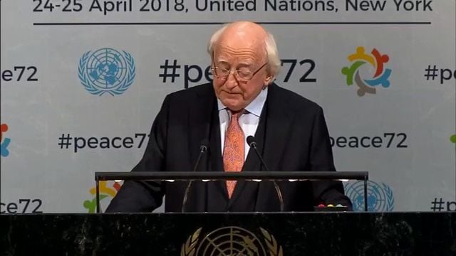 Ireland\'s President Michael D Higgins speaking at the United Nations, in New York.