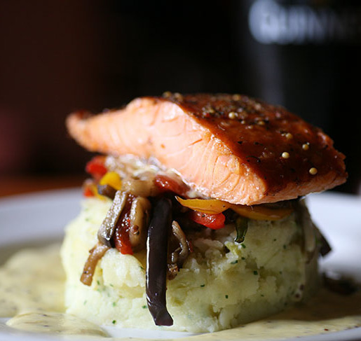 Burren hot-smoked salmon on a bed of colcannon with stir fried vegetables