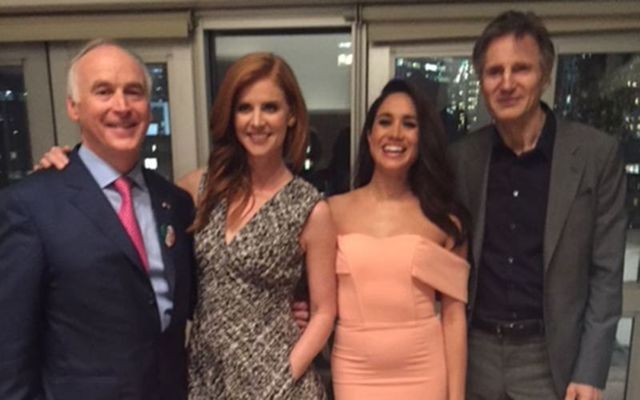 New York hotelier John Fitzpatrick, Sarah Rafferty, Meghan Markle and Liam Neeson, at the Irish Hillary Clinton fundraiser, in New York. 