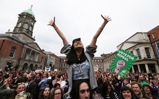 Crowds celebrate Ireland\'s Yes vote in the 8th Amendment Referendum on Saturday May 25 at Dublin Castle.