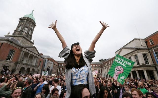 Amelia Goonerage from Dublin joins Yes campaigners celebrating their win in Dublin Castle after the yes vote won the Irish referendum to repeal the 8th Amendment.
