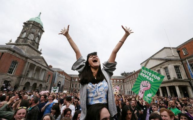 Amelia Goonerage from Dublin joins Yes campaigners celebrating their win in Dublin Castle after the yes vote won the Irish referendum to repeal the 8th Amendment.