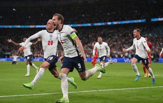 England captain Harry Kane celebrates after scoring the winner against Denmark in the Euro 2020 semi-final. 