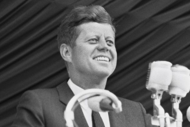 June 29, 1963: US President John F. Kennedy addresses the crowds at Greenpark Race Course in Limerick during a visit to Ireland.