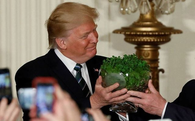 President Donald Trump being presented with a bowl of shamrocks on St. Patrick\'s Day.