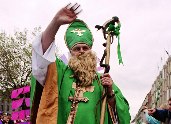 A man dressed up as Saint Patrick, part of the Dublin St. Patrick\'s Day parade