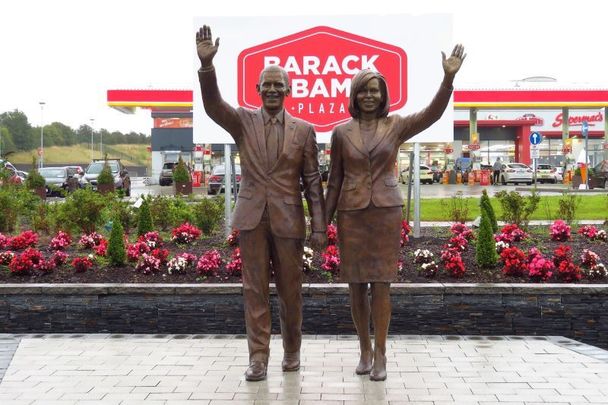 August 2019: Bronze sculptures Barack and Michelle Obama by Mark Rhodes at the Barack Obama Plaza motorway service area near Moneygall in Co Offaly, Ireland.
