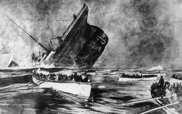 An illustration of the Titanic sinking as lucky survivors escape in a lifeboat.