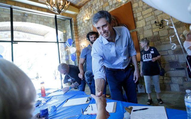 U.S. Rep Beto O\'Rourke (D-TX) of El Paso greets a supporter before a town hall meeting at the Quail Point Lodge on August 16, 2018, in Horseshoe Bay, Texas. ORourke will be challenging incumbent Sen. Ted Cruz (R-TX) for the Senate seat in the November elections.