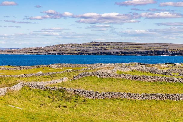 Fields on Inis Meáin with a view of Inis Mór on the Aran Islands, off Galway.