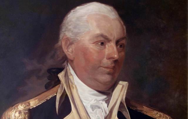 Portrait of Commodore John Barry, US Navy, by V. Zveg, 1972, from the 1801 portrait by Gilbert Stuart. 
