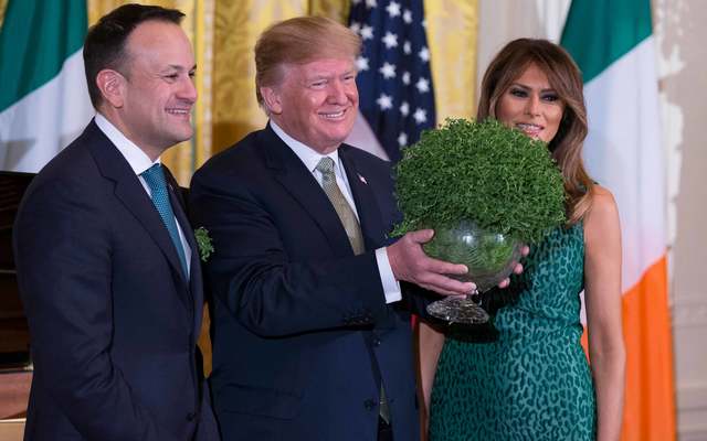 Irish Taoiseach Leo Varadkar presenting the St Patrick\'s Day shamrock to President Donald Trump and First Lady Melania Trump. 