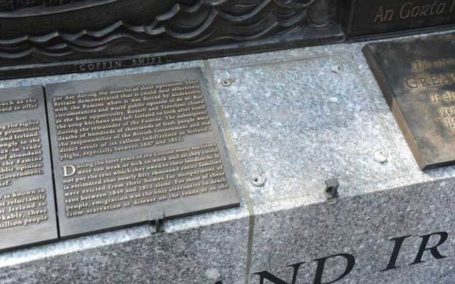The vandalized The Rhode Island Irish Famine Memorial.