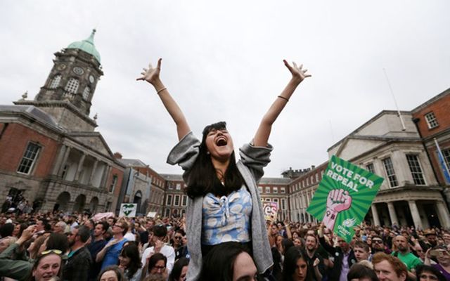 Pictured Amelia Goonerage from Dublin joins Yes campaigners celebrationing their win in Dublin Castle after the the yes vote won the Irish referendum to repeal the 8th Amendment. 