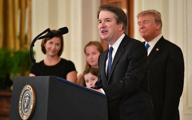 Supreme Court nominee Brett Kavanaugh photographed with President Donald Trump during his acceptance speech.