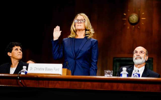 Christine Blasey Ford swears in at a Senate Judiciary Committee hearing in the Dirksen Senate Office Building on Capitol Hill September 27, 2018, in Washington, DC.